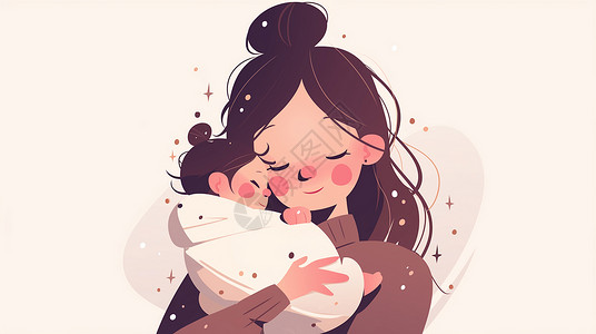 妈妈抱着宝宝入睡抱着襁褓中婴儿的时尚卡通妈妈插画