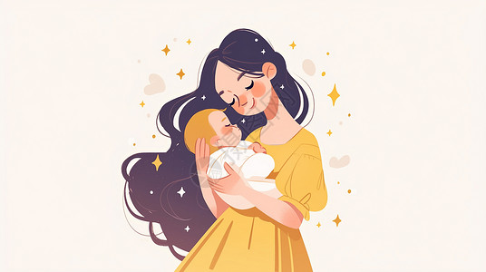宝宝光头抱着襁褓中婴儿的时尚卡通妈妈插画