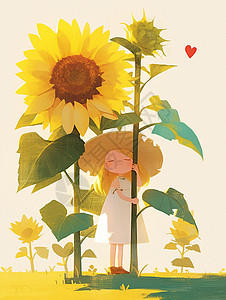 在向日葵自拍的女孩插画在大大的太阳花下一个连衣裙的卡通小女孩插画