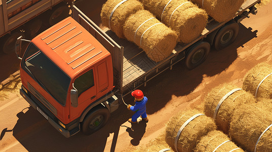 草料正在大大的货车旁劳动的卡通农民背影插画
