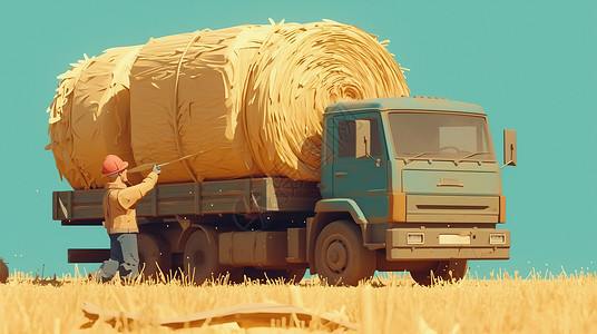 草料正在大大的货车旁劳动的农民背影插画