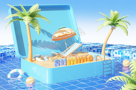 椰树木屋夏季泳池场景设计图片