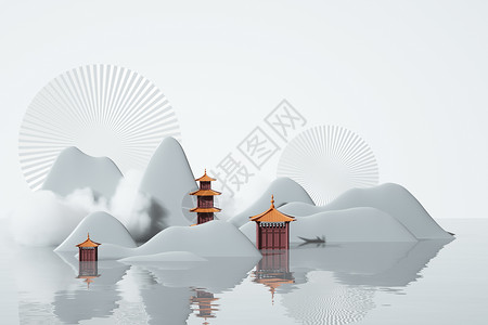 石亭子中式水面场景设计图片