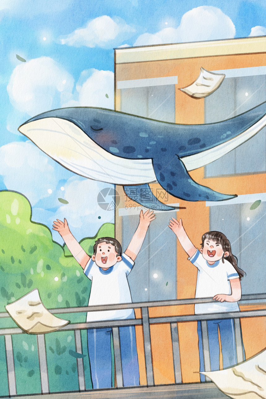 手绘水彩五四青年欢呼的青少年与鲸鱼治愈系插画图片