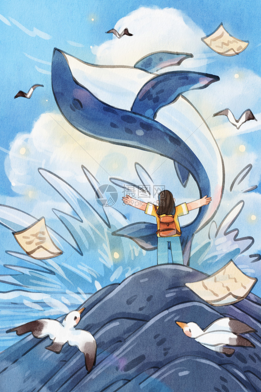 手绘水彩五四青年节高处张开手臂看见鲸鱼治愈系插画图片
