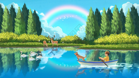 树插图蔚蓝湖中心的小船插画