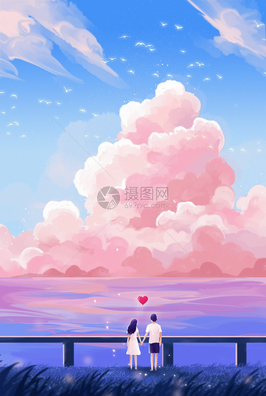 治愈系粉色天空海边情侣插画图片