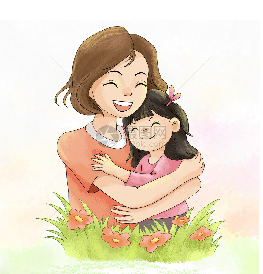 母亲节之温馨拥抱的母女插画图片