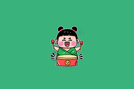 粽子ip手绘卡通端午节小女孩IP粽子表情包打鼓插画