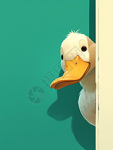 绿色门呆萌的卡通小白鸭躲在门后插画