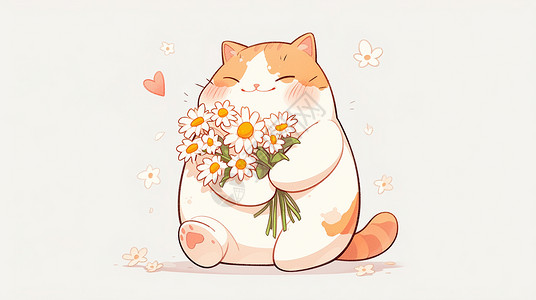 动物可爱橘猫胖嘟嘟可爱的卡通小橘猫抱着一束小花插画
