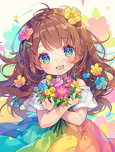 清新大花朵穿彩色裙子抱着彩色花束的清新可爱卡通小女孩插画