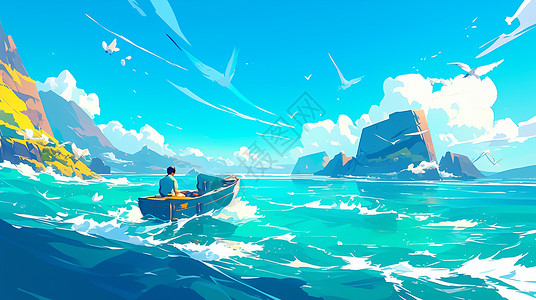 大角湾海上丝路风景行驶在蓝蓝的大海上一艘小船插画