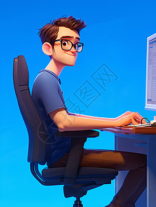 坐在电脑桌前一个戴着眼镜的卡通男人在工作高清图片
