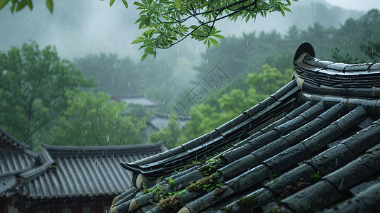 雨中的古风屋顶背景图片