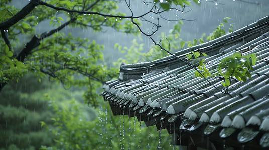 下雨屋顶雨中清新唯美的古风屋顶插画