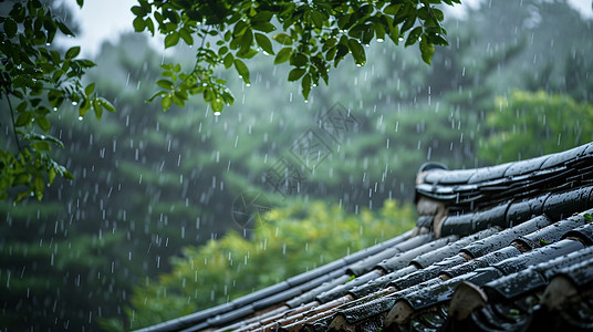 大雨中唯美的古风屋顶一角插画