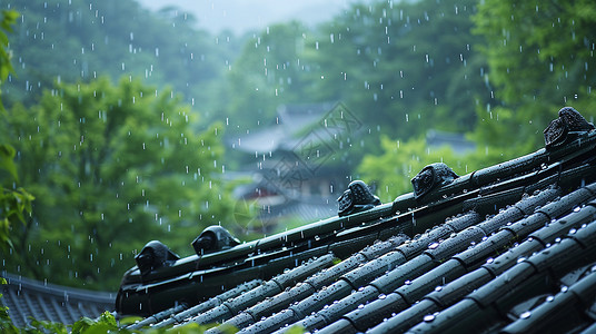 红砖青瓦大雨中唯美的古风屋顶一角插画