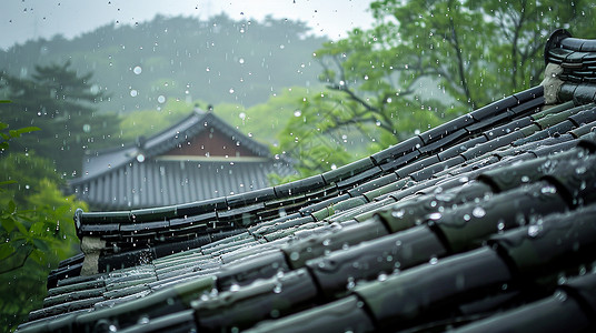 大雨中唯美的古风屋檐背景图片