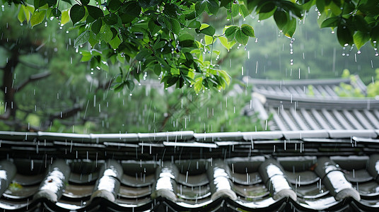 大雨中绿树下古风精致的卡通屋顶背景图片