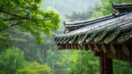 屋顶下雨大雨中绿树下精致的卡通屋顶插画