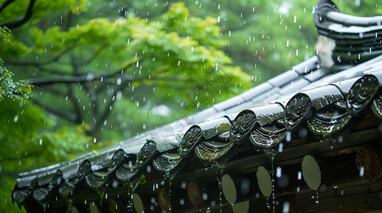 古风唯美的屋顶在大雨中背景图片