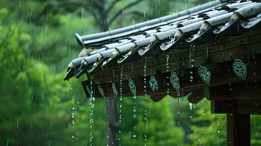 春天雨古风唯美的屋顶在大雨中插画