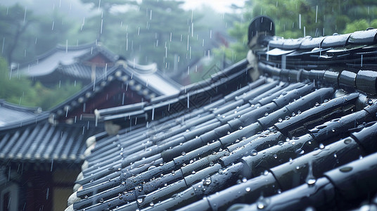 古风房顶雨中唯美的中国屋顶风景插画