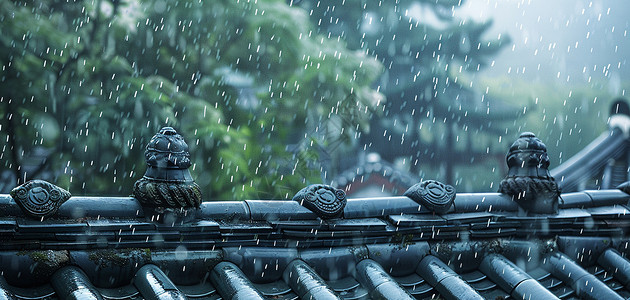 屋顶特写雨中唯美的中国古风风景插画
