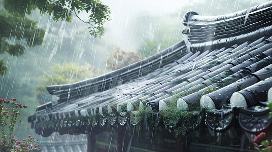 雨中的中国古风屋顶风景背景图片