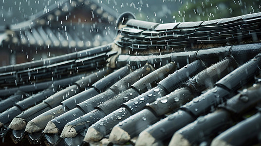 装修特写雨中唯美的中国古风风景插画