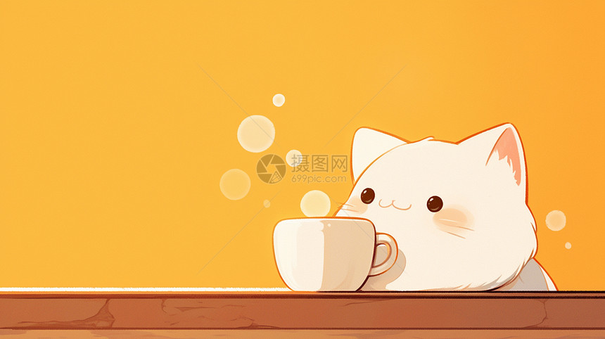 肥胖可爱的卡通白猫在喝咖啡图片