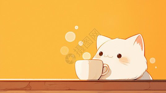 喝热茶肥胖可爱的卡通白猫在喝咖啡插画