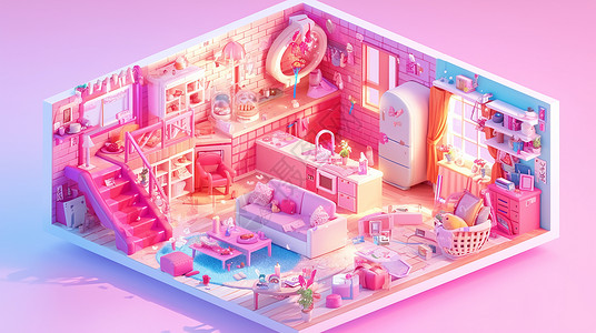 卧室楼梯粉色系立体可爱的房间插画