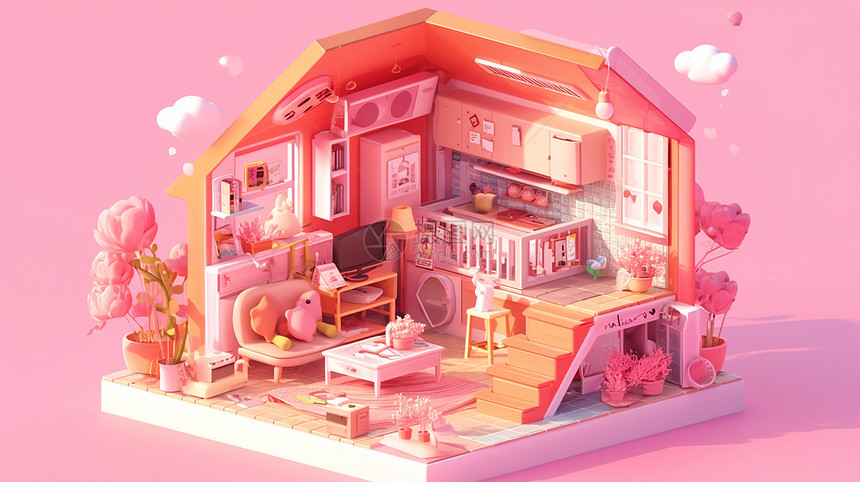粉色系立体卡通房间图片