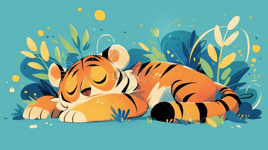 趴在草地上认真睡觉的可爱小老虎图片
