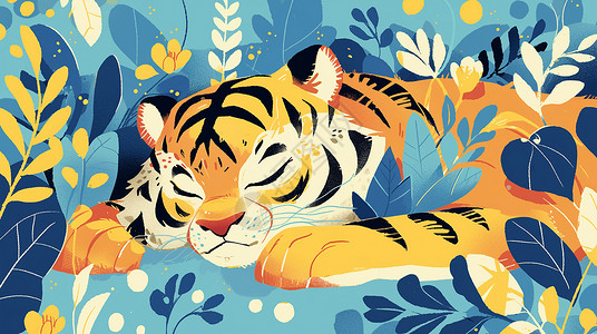 可爱的小老虎趴在草地上睡觉的可爱卡通小老虎插画