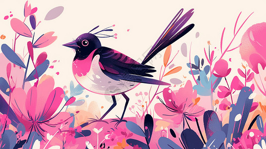 小鸟和野花一只可爱的卡通喜鹊鸟在花丛中插画