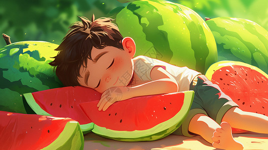 抱着西瓜在西瓜园睡觉的可爱小男孩高清图片