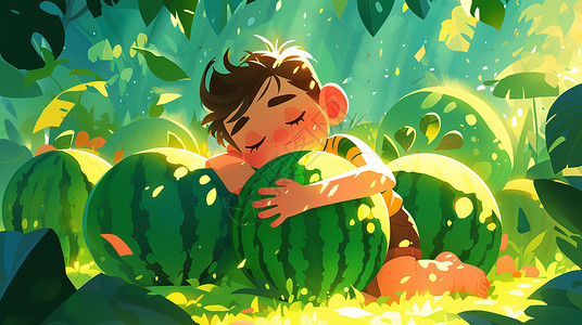 抱着西瓜在西瓜园睡觉的可爱卡通小男孩高清图片