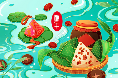 清新端午节传统美食粽子插画背景图片