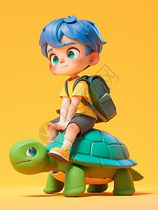坐着卡通男孩坐在绿色乌龟身上背着书包的可爱小男孩插画