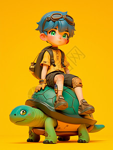可爱小男孩坐在乌龟身上背着书包的可爱卡通小男孩插画