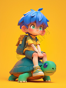 背着耙子的男孩坐在绿色乌龟身上背着书包的卡通小男孩插画