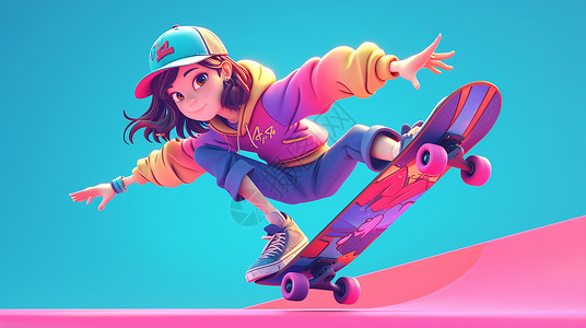 女孩玩滑板玩滑板的时尚漂亮的卡通女孩插画