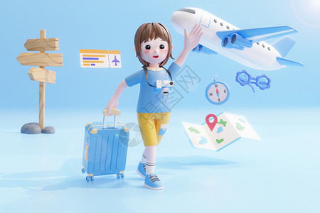 旅游外景行李箱蓝色背景女孩旅游场景设计图片