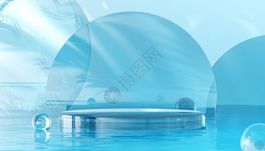 透明质感素材夏日蓝色玻璃展台背景设计图片