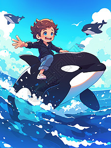 骑着虎鲸开心笑的卡通小男孩背景图片
