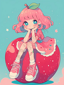 坐在红苹果上粉色短发可爱的卡通小女孩背景图片