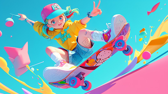 做运动小女孩戴着棒球帽玩滑板的卡通小女孩插画